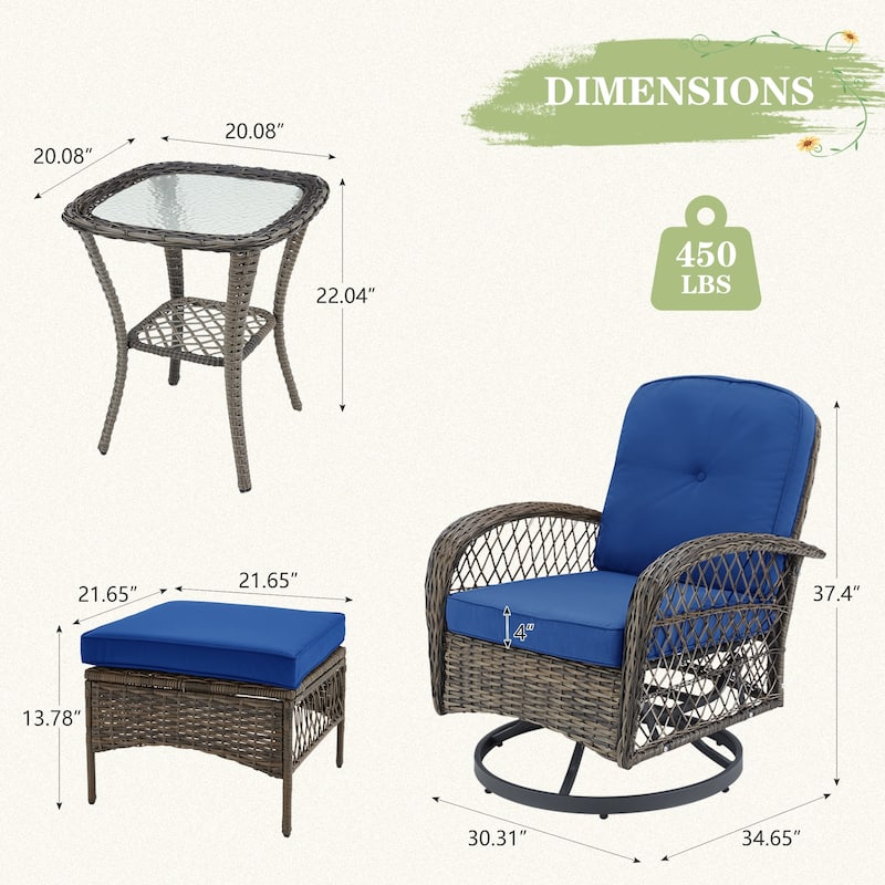 360° Swivel Rocking Patio Chairs Set with Thick Cushions & Tempered Glass Table | Indoor Living Room / Balcony| 3/5-Piece