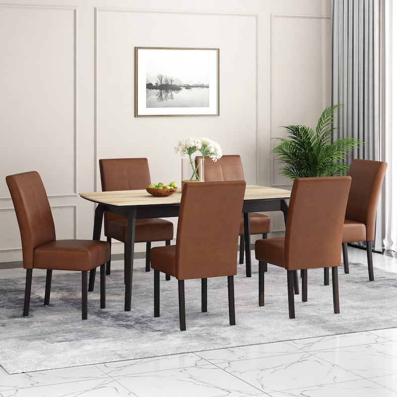 Pertica Upholstered T-Stitch Dining Chairs (Set of 6) by Christopher Knight Home - Espresso/ Cognac/ Faux Leather