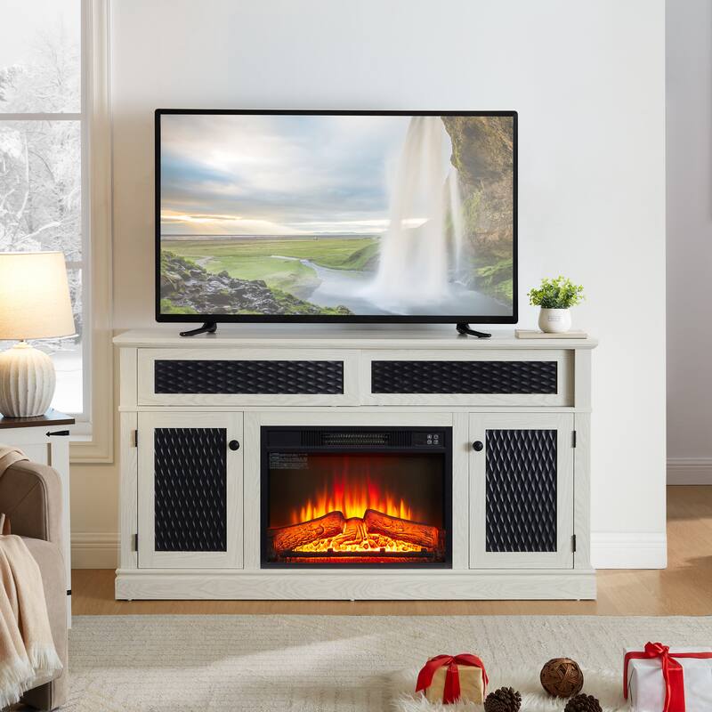 Modern Fireplace TV Stand with Sliding Door, Open and Closed Storage Space, for Living Rooms and Bedrooms, White