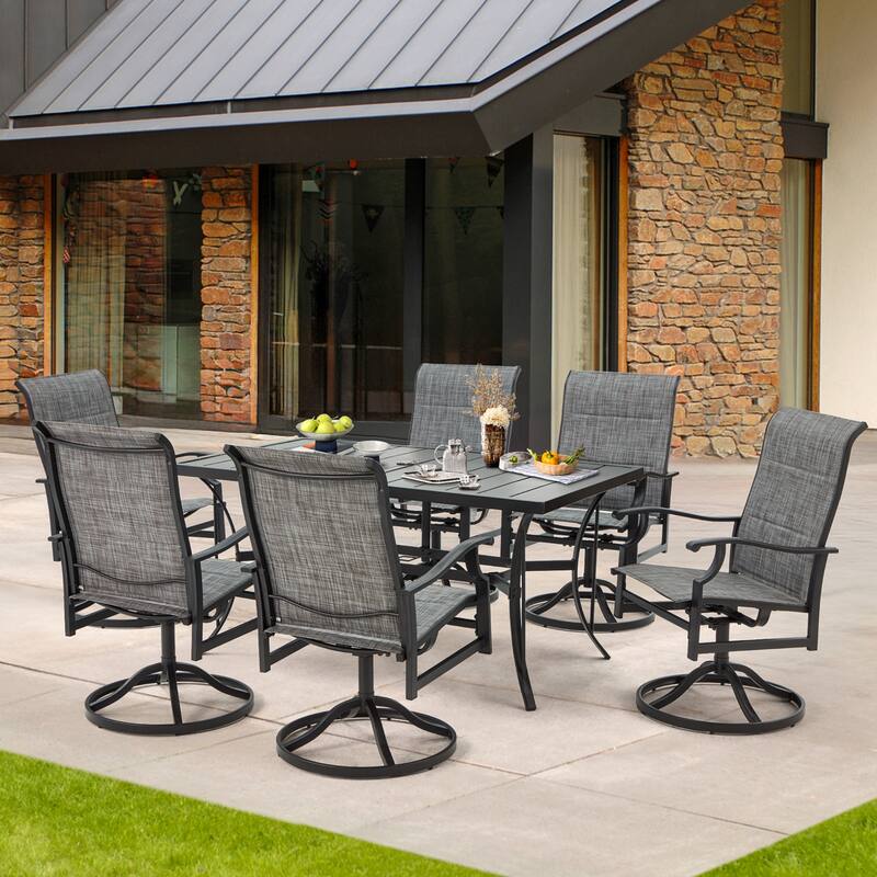 Versatile Outdoor Dining Sets w Swivel/Folding Chairs & Steel Slat Table and HDPE Dining Table Set for Gardens, Patios
