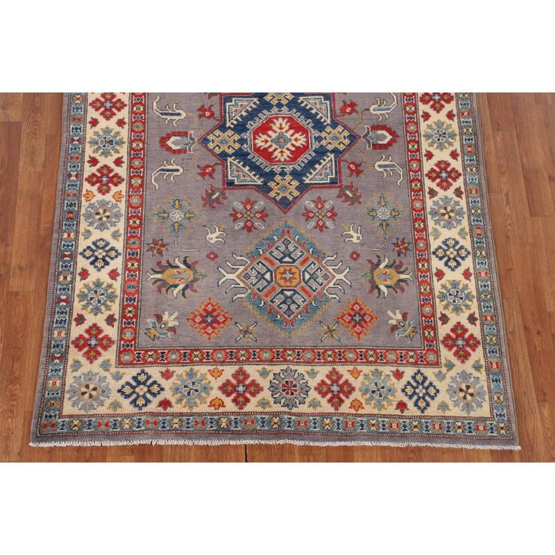 Gray Traditional / Geometric Kazak Rug Hand-Knotted Wool Carpet - 4'11" x 7'2"