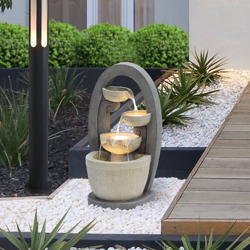 Grey Oval Cascading Bowls Resin Outdoor Fountain with LED Lights