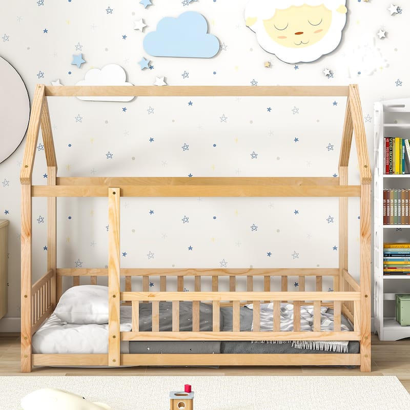 Floor Wooden Bed with House Roof Frame, Fence Guardrails