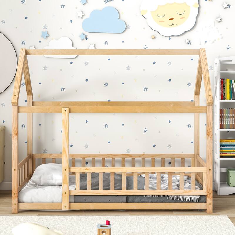 Twin Size Wooden Floor Bed with House Roof Frame and Fence Guardrails for Children's Bedrooms, Small Space