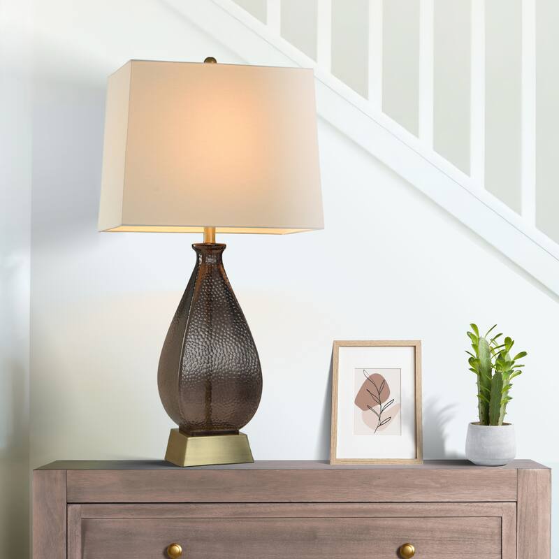 Dimpled Table Lamp - Colored Glass with Aged Brass Accents - White Shade