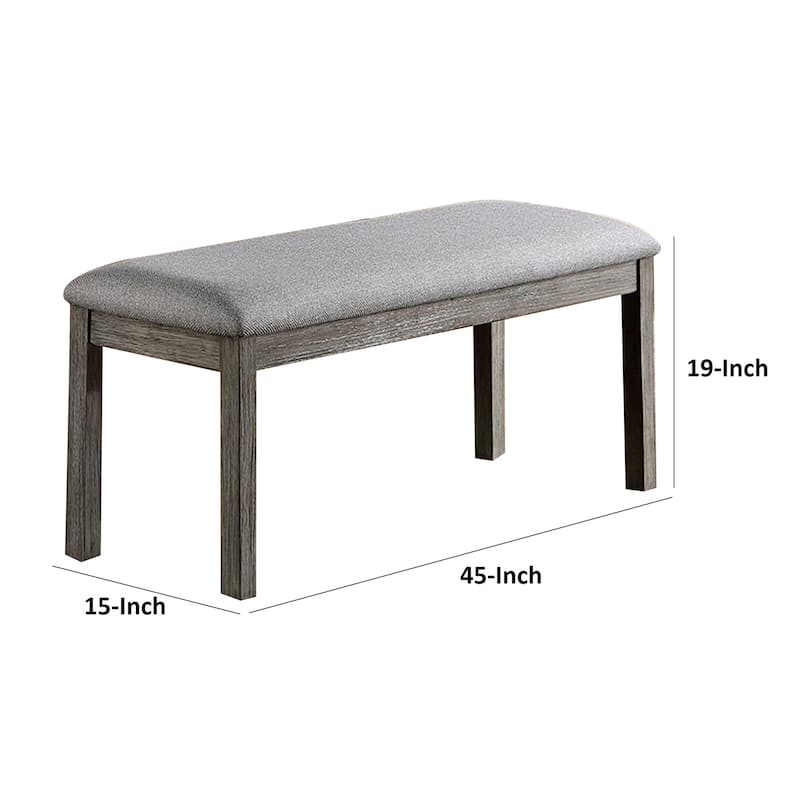 Lais 45 Inch Dining Bench, Wired Brushed Gray Wood, Gray Fabric Padded Seat