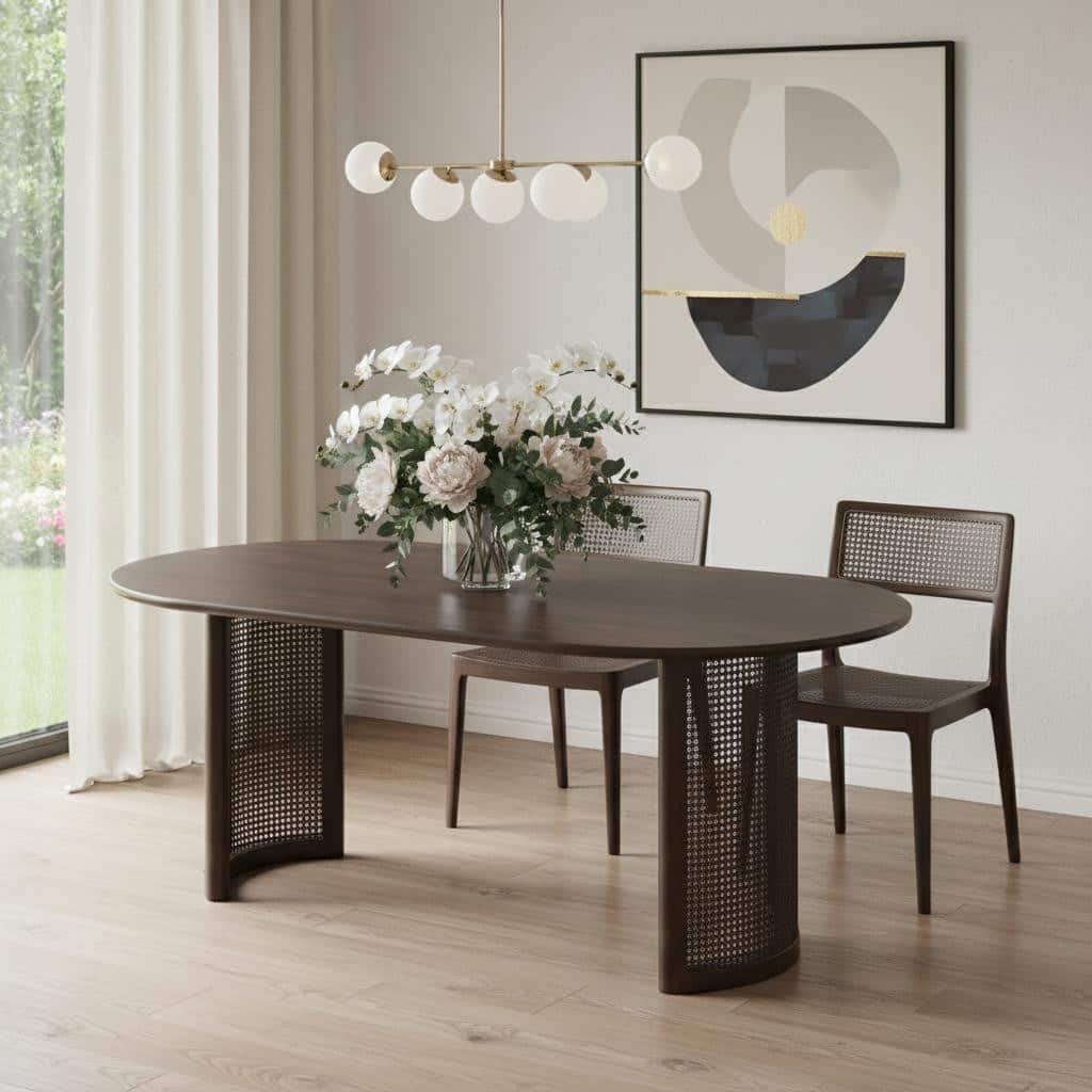 HomeRoots 78" Brown Solid Wood Double Pedestal Base Oval Dining Table - 78.27 in. x 29.72 in. x 33.19 in.