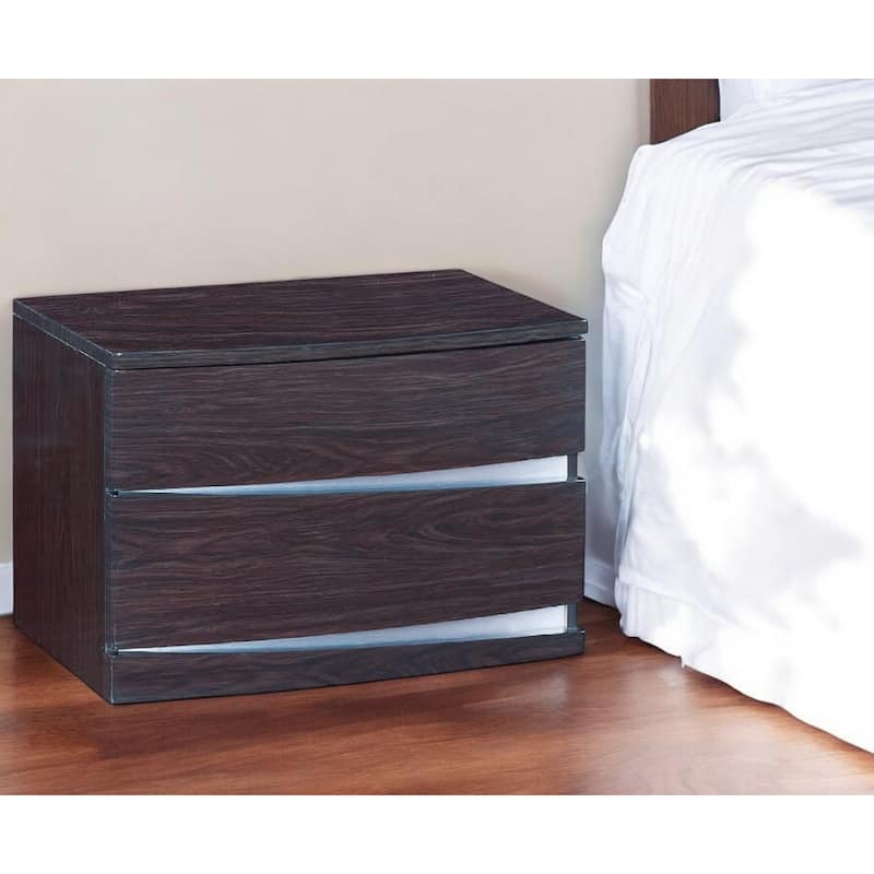 Dark Brown Wood Mirrored Nightstand with 2 Drawers and Metal Handles