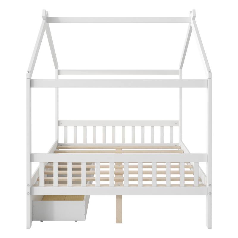 Full Size House Platform Bed with Drawers, Headboard, Footboard, and Roof Design in White