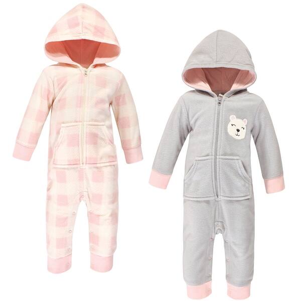 slide 1 of 1, Hudson Baby Infant Girl Fleece Jumpsuits, Coveralls, and Playsuits 2pk, Girl Bear 0 - 3 Months - Grey/Pink