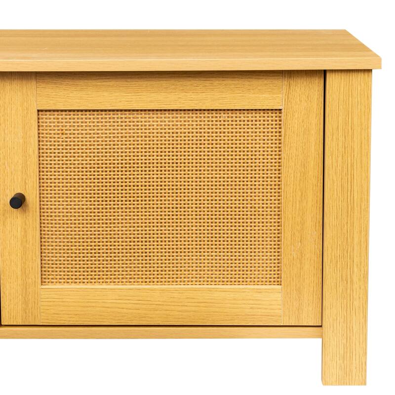 Mid-Century Modern Solid Wood TV Stand for 65" TVs with 2 Open Cubbies and 3 Drawers, Walnut