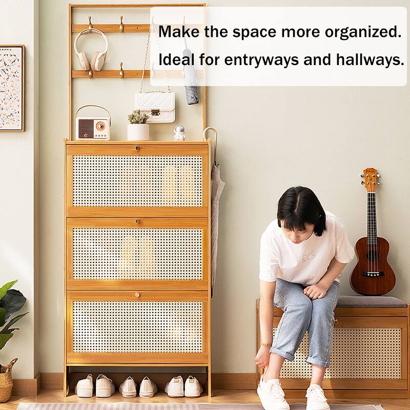 Modern Bamboo Shoe Cabinet with 3 Rattan Flip Drawers and Coat Hooks, Freestanding Shoe Storage for Entryway or Hallway