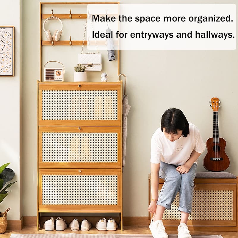 Shoe Cabinet with 3 Rattan Flip Drawers, Bamboo Shoe Storage Cabinet with Coat Hooks, Freestanding Shoe Cabinet Storage