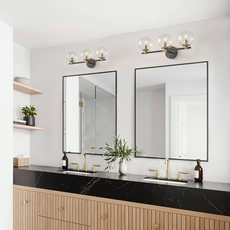 Matte Black 3-Light Vanity Light with Clear Globe Glass Shades for Bathroom Mirror