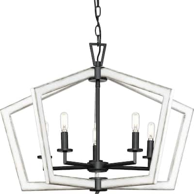 Galloway Collection 5-Light 19.25 in. Matte Black Modern Farmhouse Chandelier with Distressed White Accents - Medium