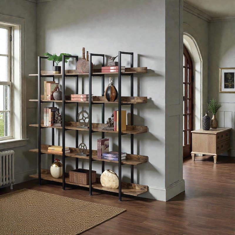 5 Tier Industrial Bookcase, Open Home Office Bookshelf with Metal Frame and MDF Shelves, Vintage Style