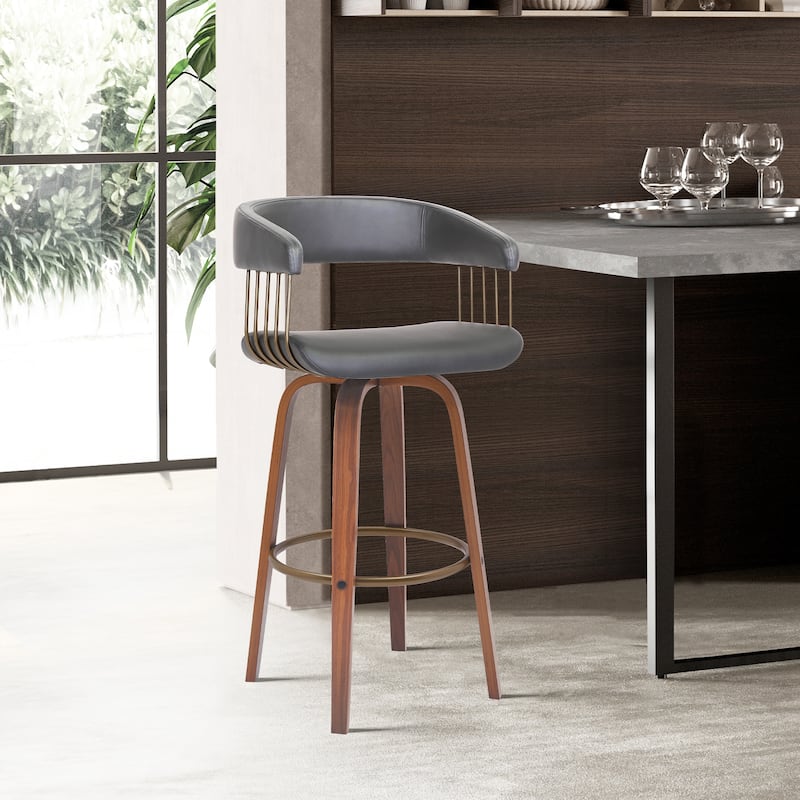 Topanga Modern Swivel Bar Stool, Upholstered Counter Height Chair with Bentwood Legs - Grey/Walnut - Bar Height