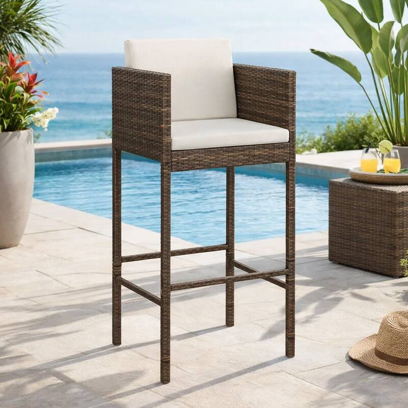 4pc Outdoor Barstool Chair Set, White Cushion, Brown Rattan, 30 Inch