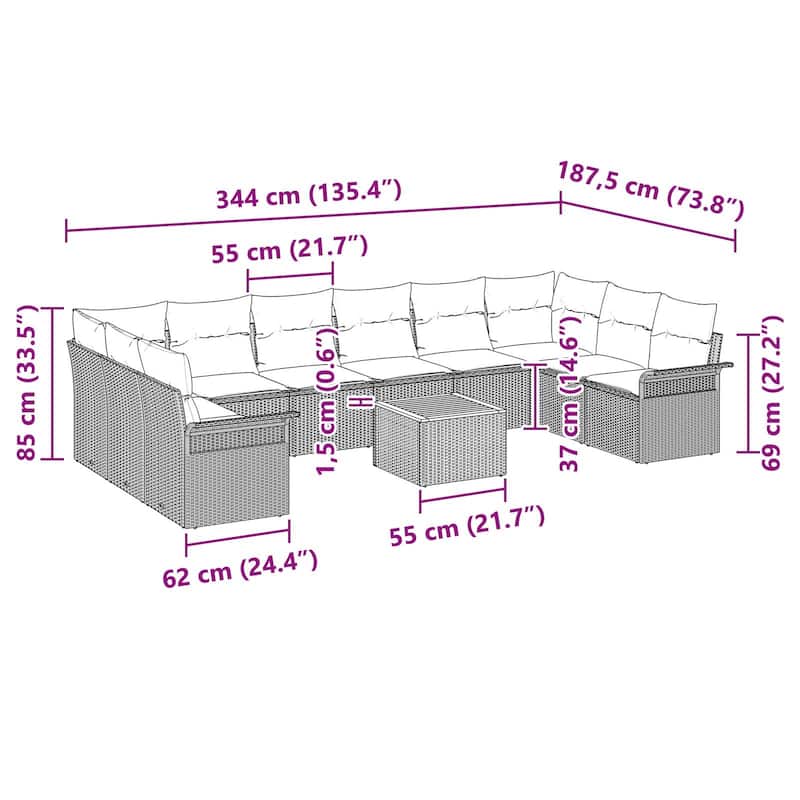 vidaXL 11 Piece Garden Sofa Set with Cushions - 135.4×73.8×27.2