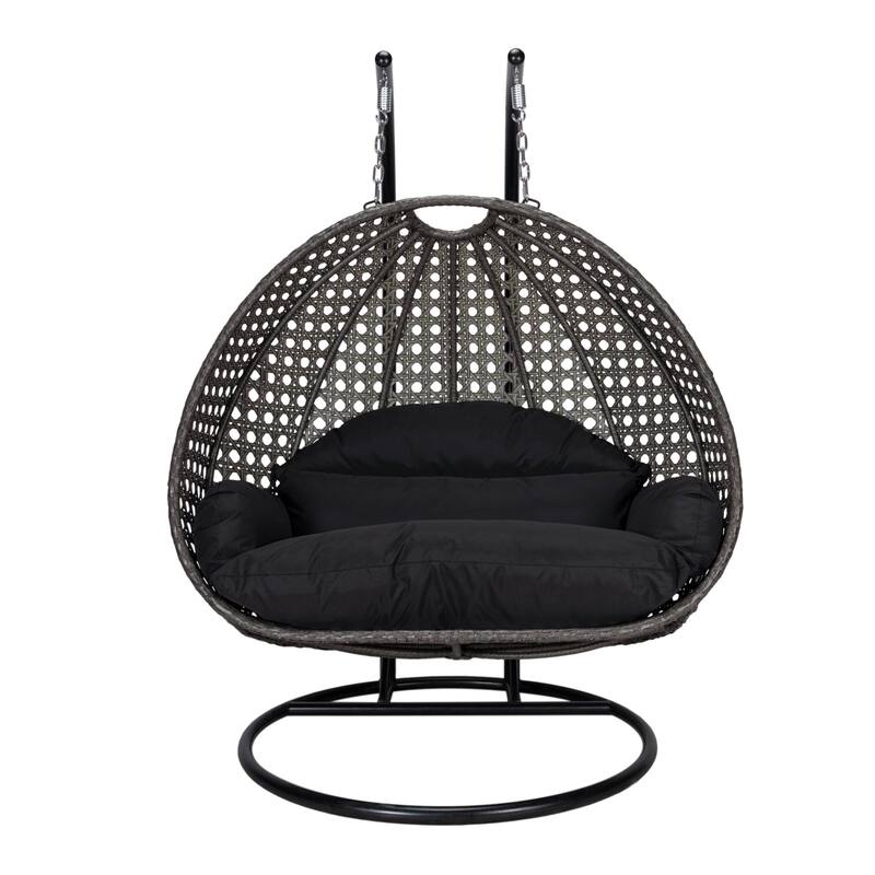 LeisureMod 2-Person Hanging Egg Swing Chair with Metal Stand - Handcrafted Charcoal Wicker, Patio Hammock Lounger with Cushions
