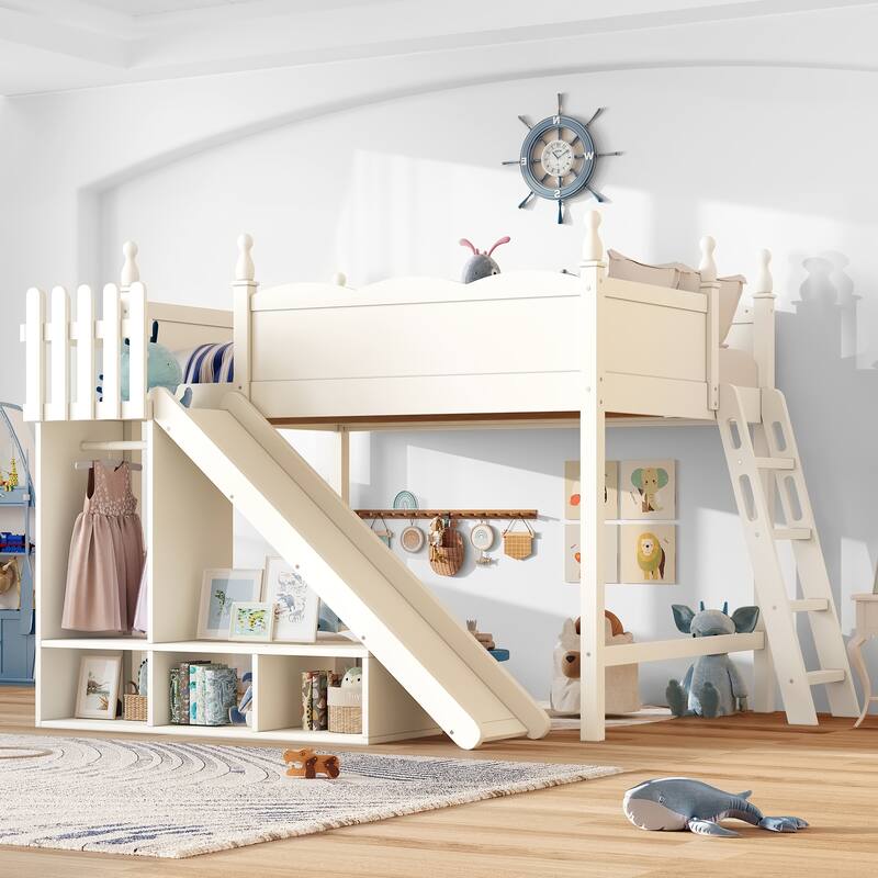 Full Loft Bed with Storage Shelves and Wardrobe, Solid Wood Loft Beds with Detachable Slide and Ladders, No Spring Box Needed