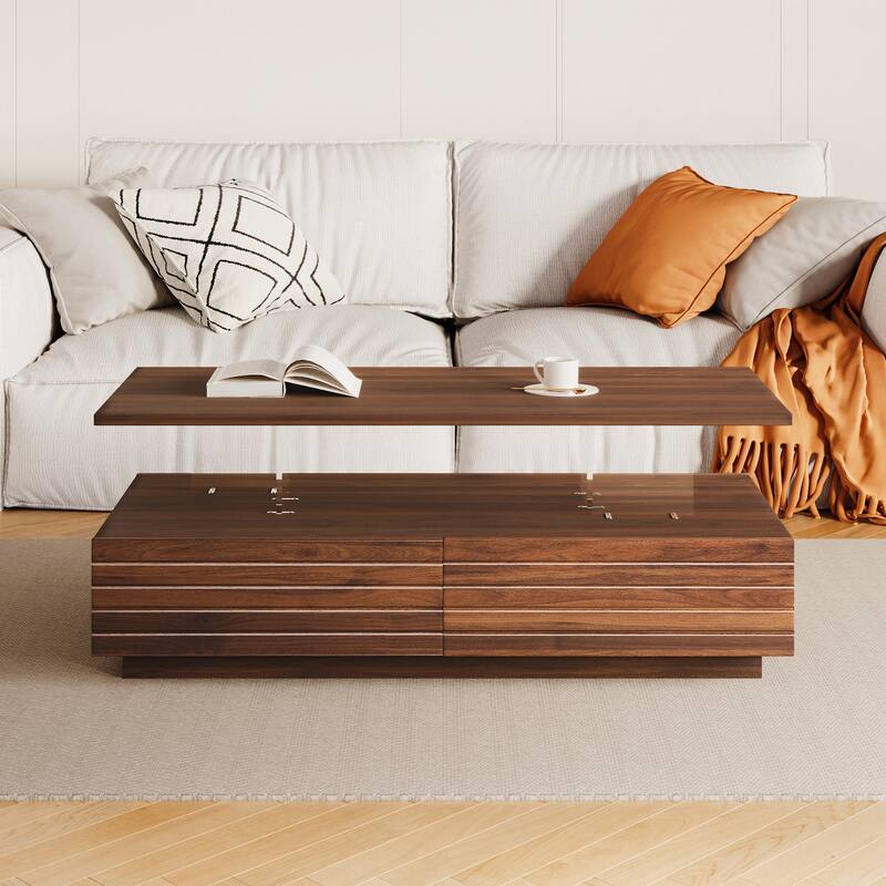Modern White Rectangular LED Lights Coffee Table with 2 Drawers - Walnut