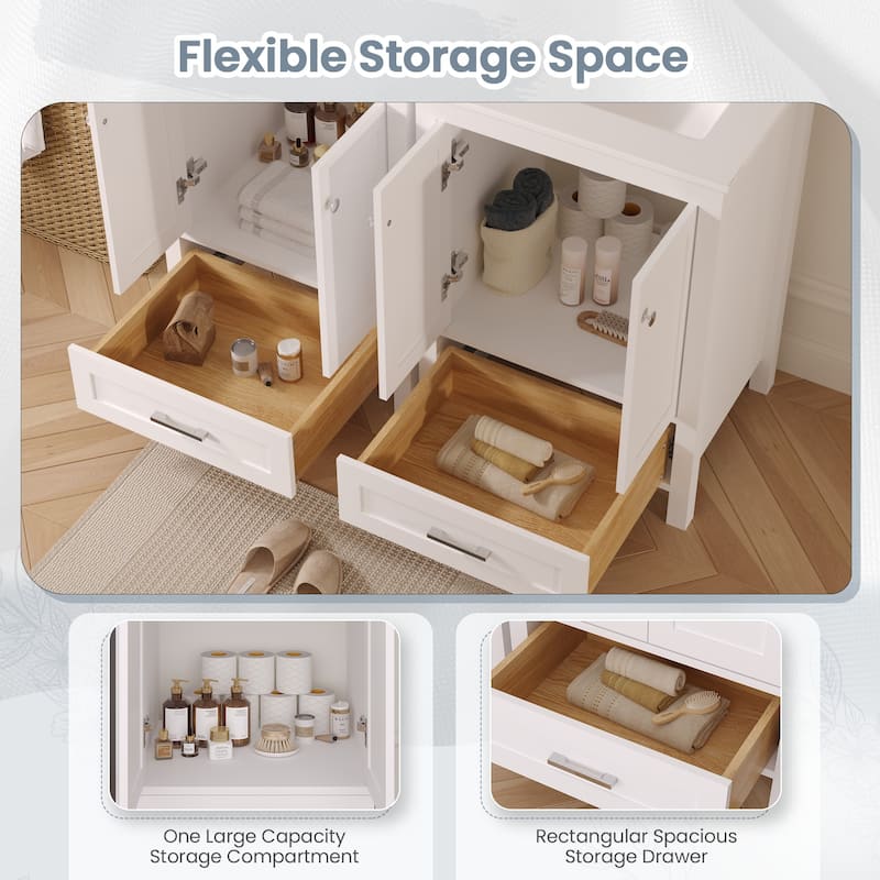EROMMY All-in-One Bathroom Vanity with Ceramic Sink, Soft-Close Storage Cabinet & Drawer, Glossy Countertop, White