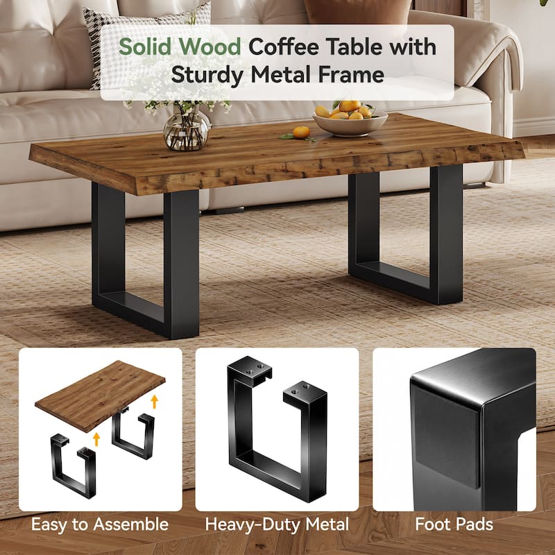 47 Inch Solid Wood Coffee Table for Living Room, Modern Center Table with Metal Frame - 47.2" W x 23.6" D x 17.7" H