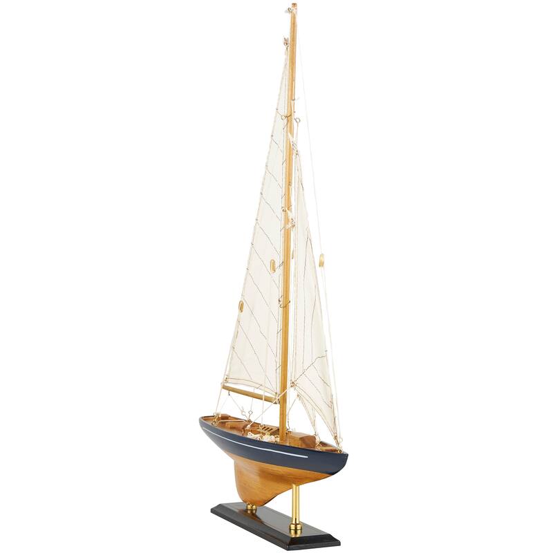 Brown Wood Sail Boat Decorative Sculpture with Beige and Navy Accents and Lifelike Rigging