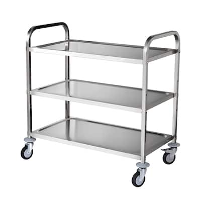 Silver Stainless Steel 3-Tier Utility Cart with Wheels and Adjustable Shelves - 37.5"D x 19.7"W x 37.7"H