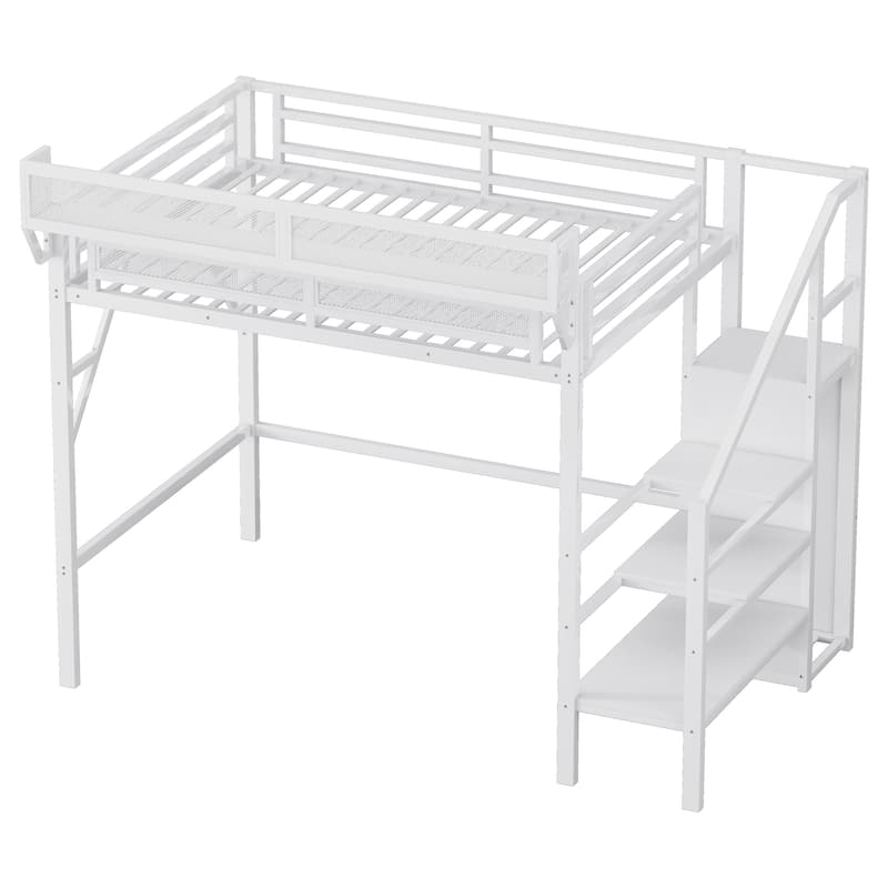 Metal Loft Bed with Wooden Stairs Built-in Storage Shelves and Wardrobe, High Loft Bed Frame with Side Grid Storage Rack