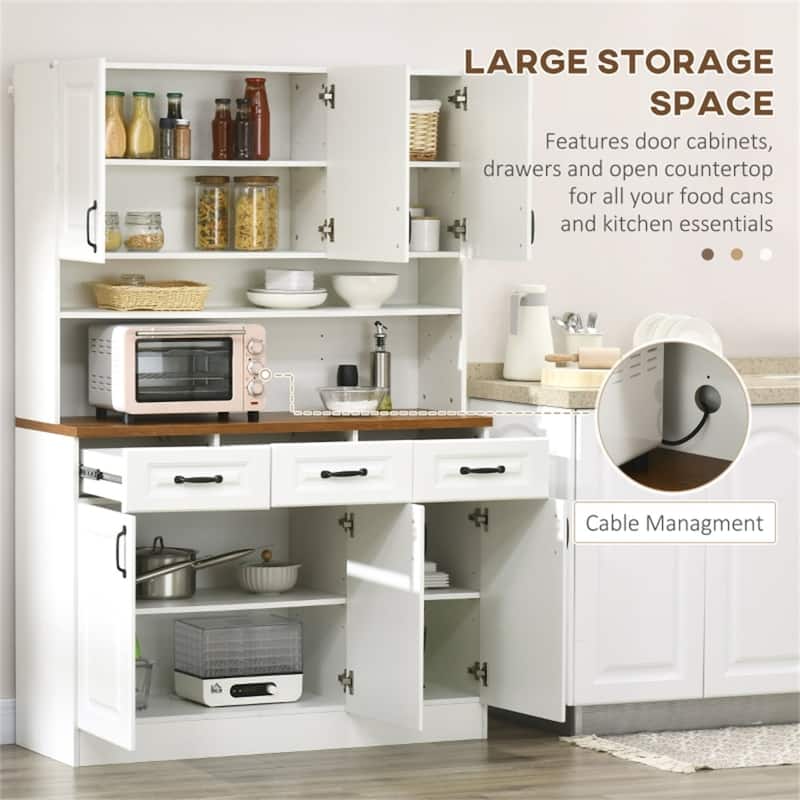 White Pantry Storage Cabinet with Adjustable Shelves and Open Counter for Microwave and Appliances - 47.25”L x 17”W x 70.75”H