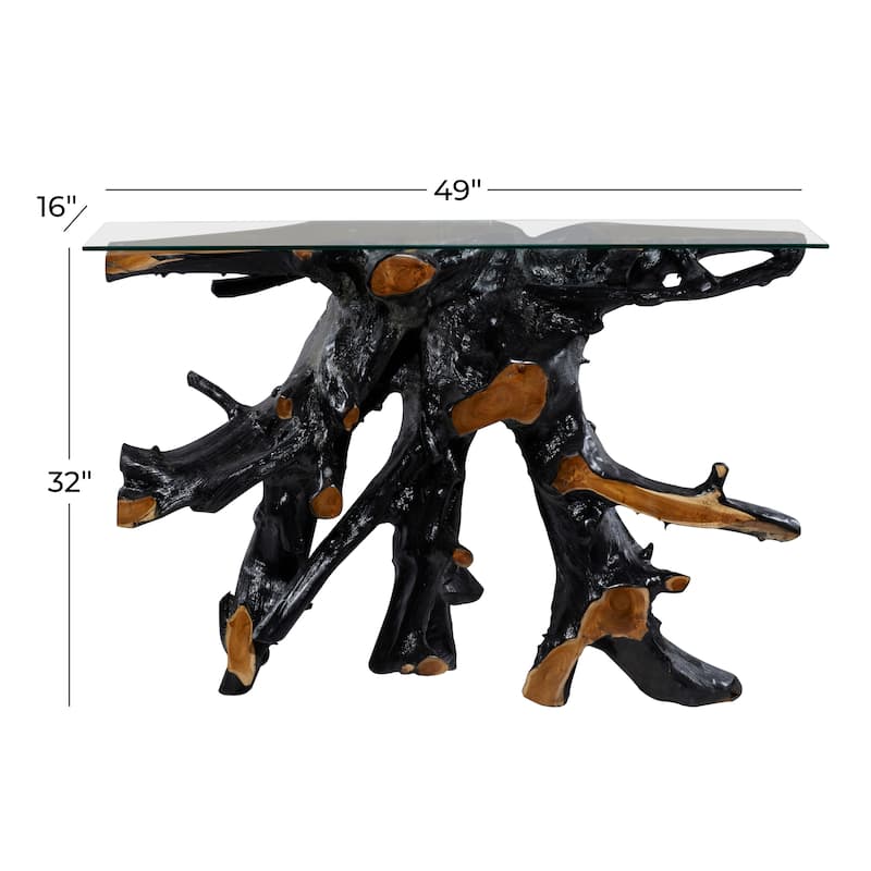 Teak Wood Handmade Live Edge Tree Stump Console Table with Clear Glass Top - Black - Roche River Decor - 16"W x 49"L x 32"H