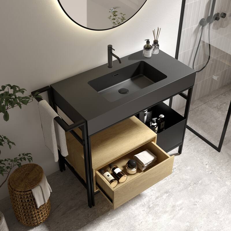 GDFStudio - Forte Industrial Metal Frame Bathroom Vanity with Artificial Stone Basin, Towel Rack & Open Storage
