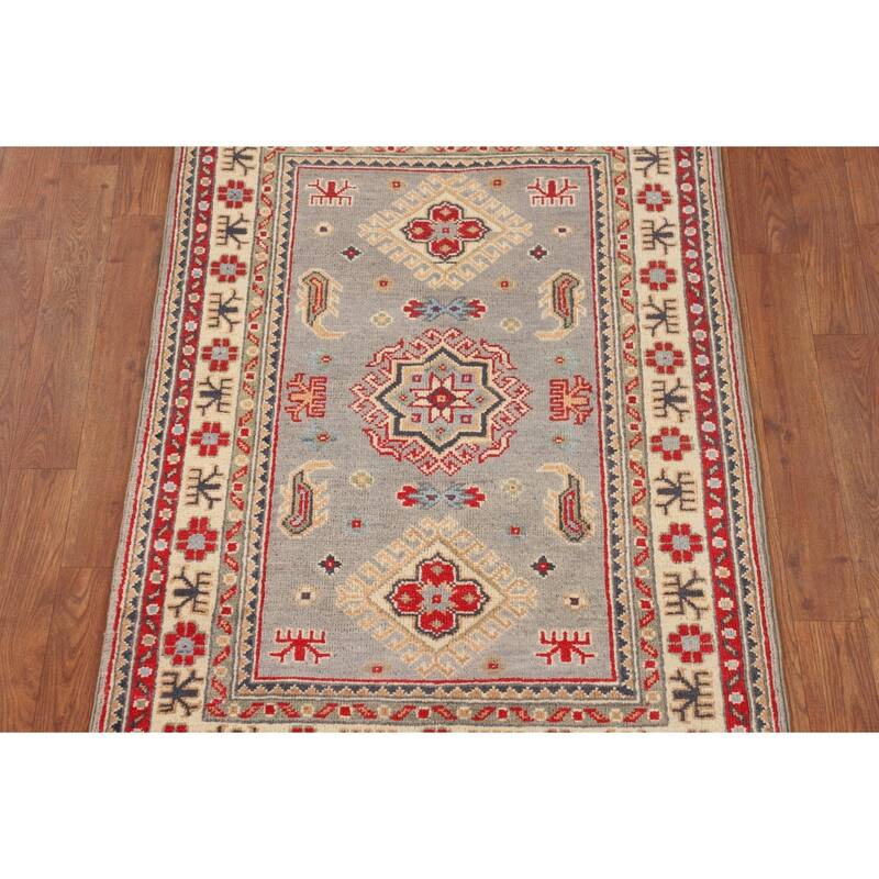 Gray Geometric Kazak Accent Rug Hand-Knotted Wool Carpet - 2'8" x 4'1"