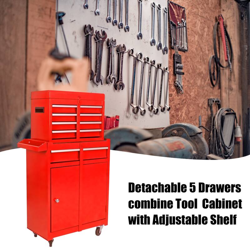 Metal Tool Chest With 5 Drawers 4 Wheels Adjustable Shelf 100KG Load Capacity Large Storage Space Toolbox