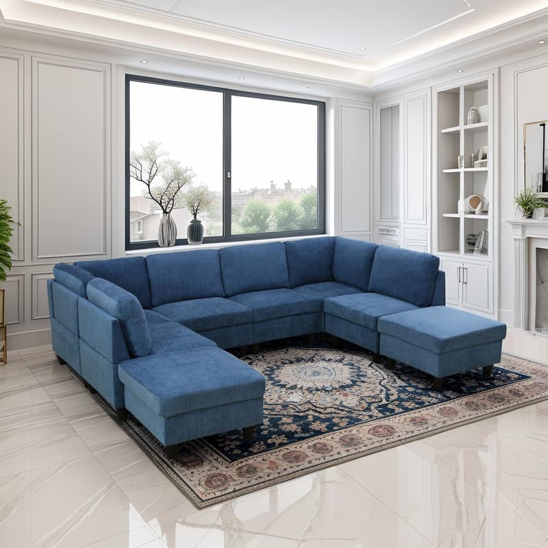 Elegant Modular Sofa Set with Solid Wood Frame and High-Density Foam - Blue