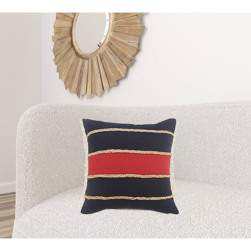 HomeRoots 20" X 20" Navy Red And Tan 100% Cotton Striped Zippered Pillow