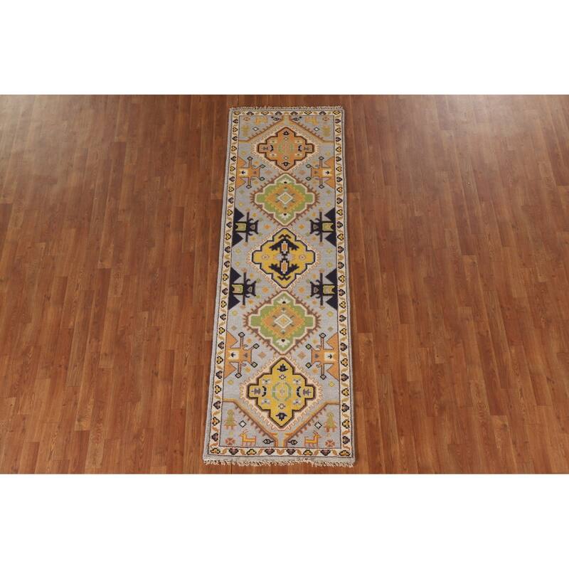 Geometric Kazak Indian Runner Rug Hand-Knotted Wool Carpet - 2'7"x 8'0"