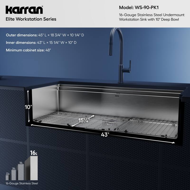 Karran 45" Undermount WS-90 Single Bowl 16 Gauge Stainless Steel Workstation Kitchen Sink