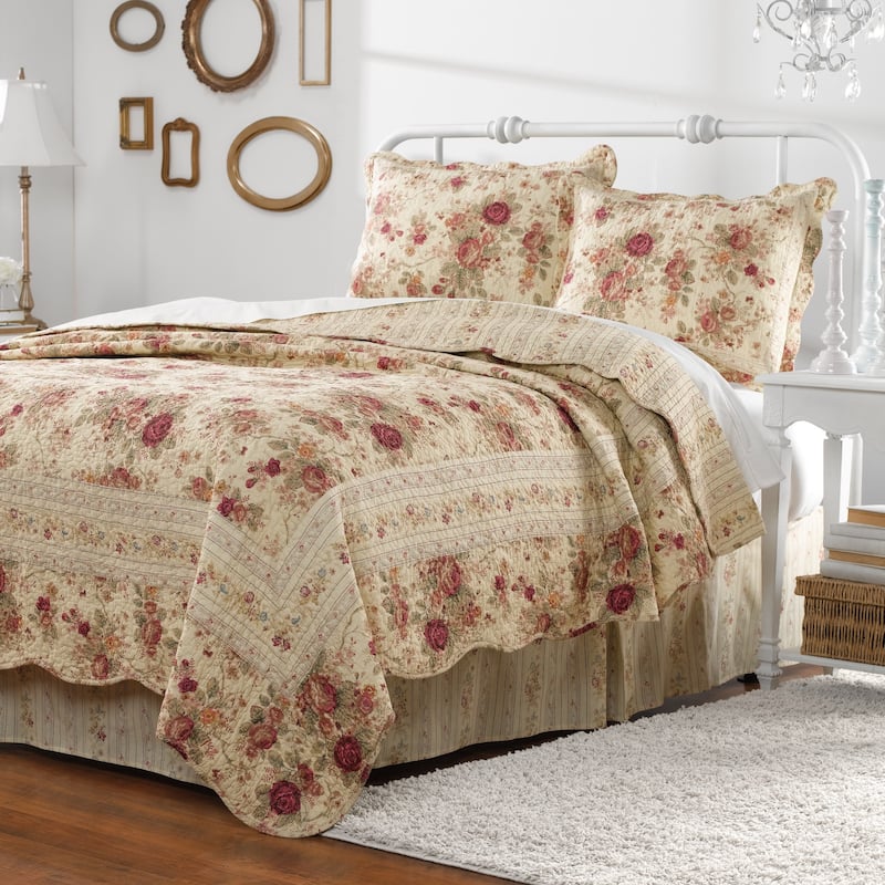 Greenland Home Fashions Antique Rose All-Cotton Reversible Quilt Set - Ecru (3-Piece Set) - King - Cal King