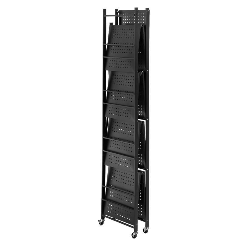 Black Carbon Steel Folding Garage Storage Shelf with Wheels and J-Hooks - 14 x 32 x 72 in