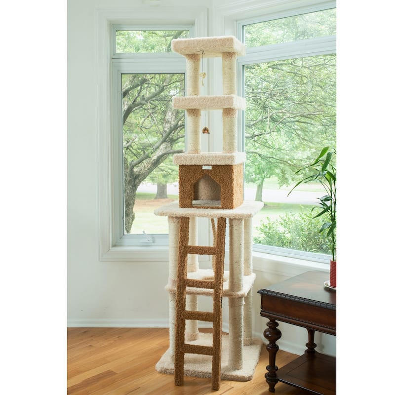 Multi-Level Real Wood Cat Tower Cat Tree In Beige - Brown and Beige