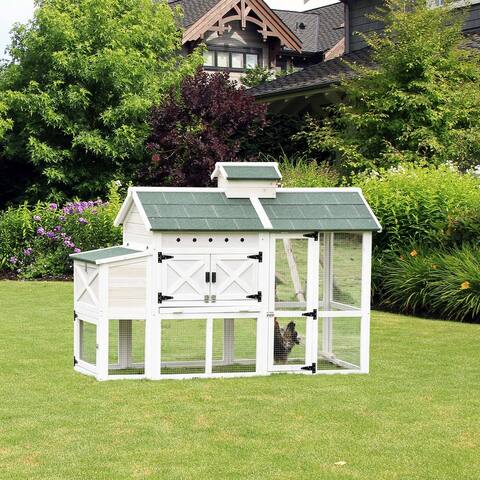 PawHut 71" Wooden Chicken Coop Outdoor Small Animal Rabbit Habitat Hen House Poultry Cage with Removable Tray White