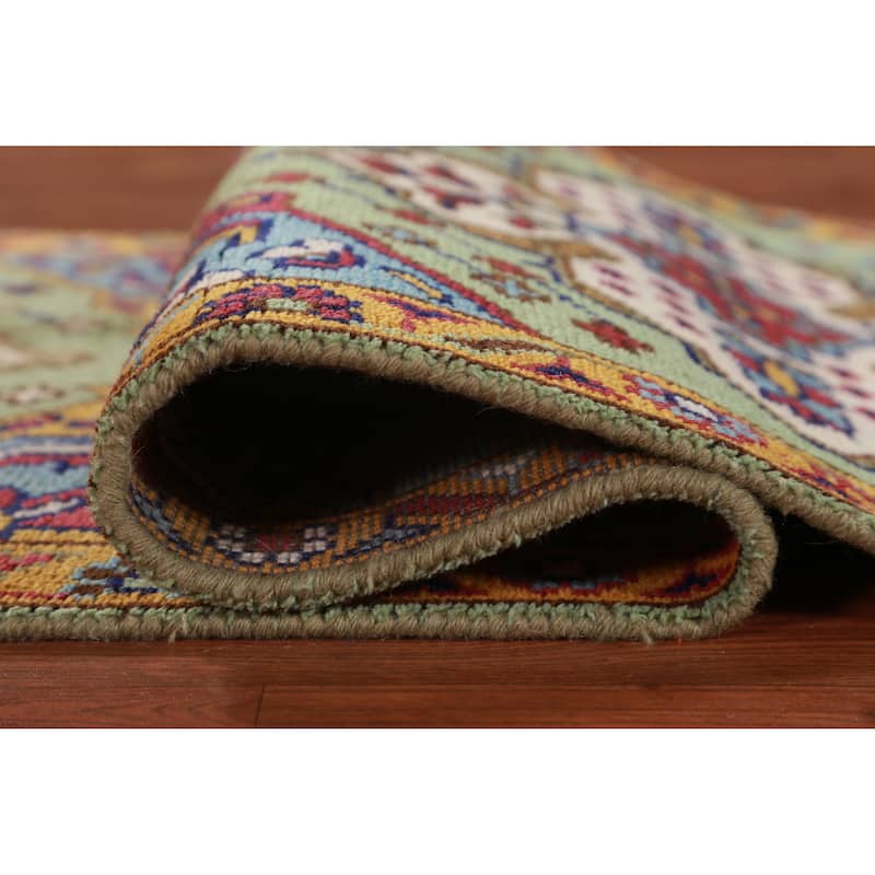 Hand Knotted Oriental 100% Wool Carpet Traditional Geometric Green Kazak Runner Rug - 9' 8'' X 2' 7''