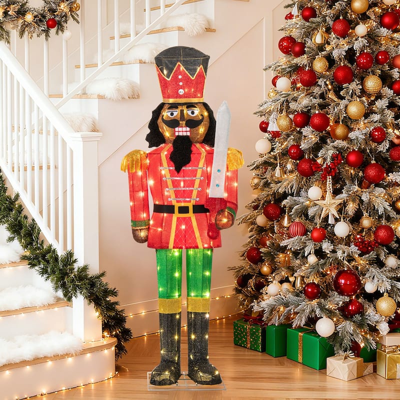5 Ft Lighted Nutcracker Soldier with 100 LED Lights and Glitter Sword for Indoor Outdoor Decor - Multi - 21.5" x 5 ft