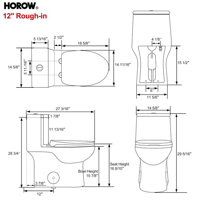 HOROW 1 Piece Dual Flush Elongated Toilet White 0.8 1.28 GPF Seat Included - N/A