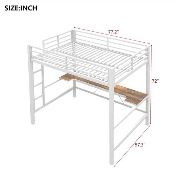 dimension image slide 2 of 4, Twin/Full Size Gaming Loft Bed with Bulit-in Desk and LED Lights, Metal Loft Bedframe with Ladder and Guardrails for Kids