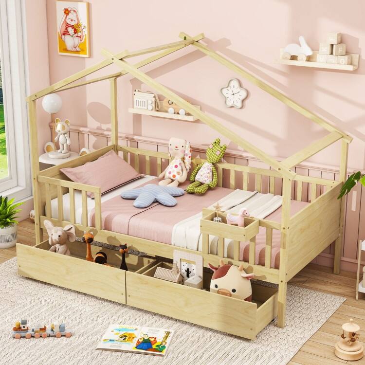 Twin House Bed with 2 Storage Drawers and Roof & Fence Rails