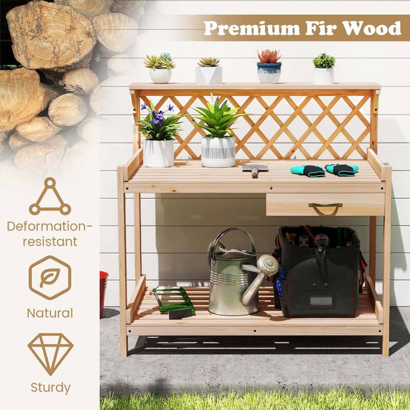 Gymax Garden Potting Bench Table w/Lattice Trellis Removable Drawer